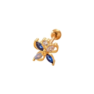 Gold floral stud earring with blue marquise zircon and stainless steel screw back