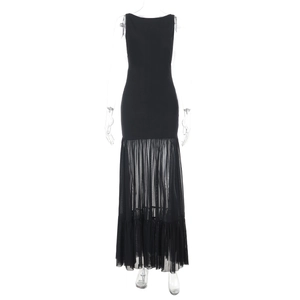 Sexy Sleeveless Maxi Dress Backless Lace Up Mesh Patchwork Mermaid Hem Solid Color Polyester Spandex Slim Fit Women
