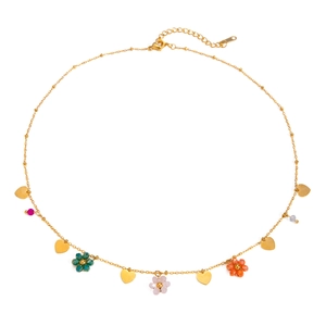 18k gold plated stainless steel necklace with colorful glass flower and heart pendants