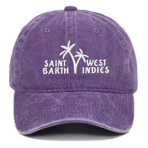 Detail of white palm tree embroidery on a vintage washed purple baseball cap