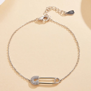 S925 sterling silver safety pin bracelet with cubic zirconia on adjustable fine chain