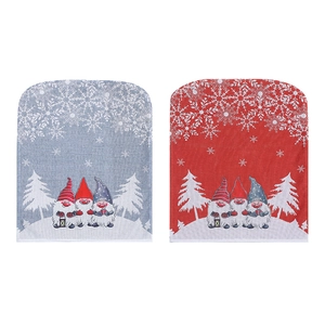 Christmas chair covers featuring festive gnomes and snowflakes in red and grey colors
