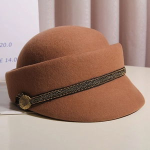 Brown wool felt baker boy hat featuring a black gold braided band and shell metal button