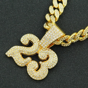 Men's hip-hop gold plated iced out cuban chain with rhinestone encrusted number pendant
