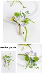 Detail of lilac purple wedding boutonniere with rustic twine and gold pin fastener