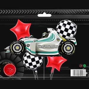 Racing car themed 5-piece foil balloon set with checkered flags and red stars