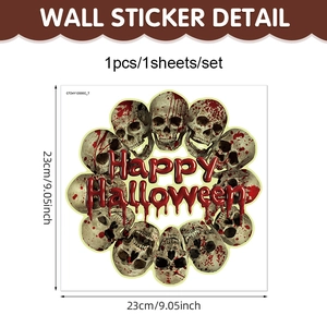 Halloween luminous skull wall sticker with Happy Halloween text 23x23cm decoration