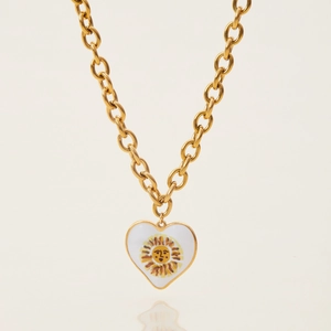 Gold plated stainless steel heart necklace with sun face enamel pendant for women