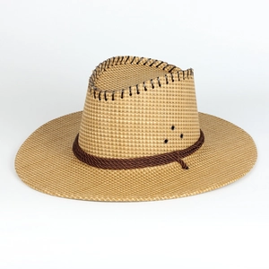 Detail of wide-brimmed straw cowboy hat with brown braided rope and metal air holes