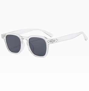 Detail shot of transparent square frames with silver triple rivets and dark grey lenses