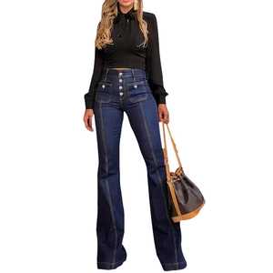 Donkerblauwe flared jeans met hoge taille, knoopsluiting en afslankend retro-silhouet