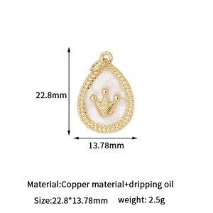 14k gold plated pear-shaped copper pendant with white oil drip and crown design
