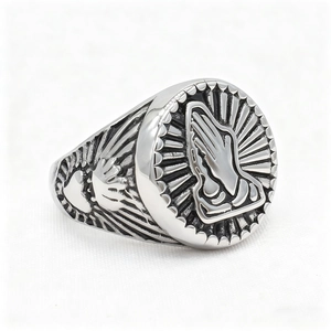 Vintage silver praying hands ring with sunburst rays in durable stainless steel