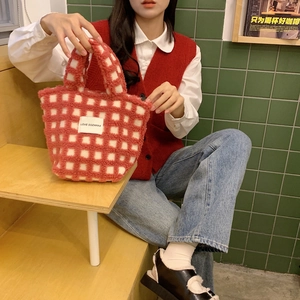 Close-up of red and white checkerboard lamb wool tote bag with LOVE SOZAKKA logo