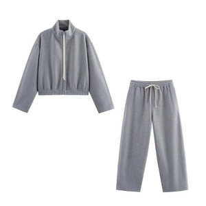 Two-piece grey casual tracksuit set featuring a zip-up stand collar jacket and wide-leg pants