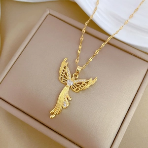 Luxurious gold titanium steel necklace with sparkling zircon angel wing pendant design