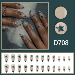 Almond shaped army green star press-on nails with rhinestone accents in 24 piece set