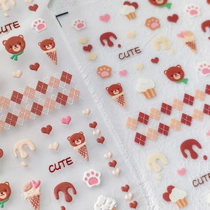 5D embossed nail art stickers featuring cute bears and ice cream cones with textured finish