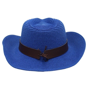 Detail of royal blue woven cowboy hat with brown decorative belt and braided texture