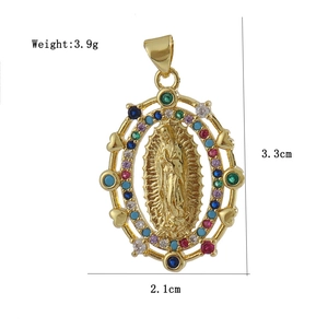 Detailed dimensions of the gold-plated Virgin Mary cross pendant with multi-color stones
