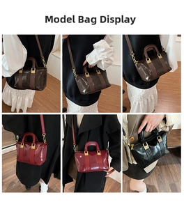 Detail shot of stylish glossy leather boston handbags in black, brown, and wine red colors