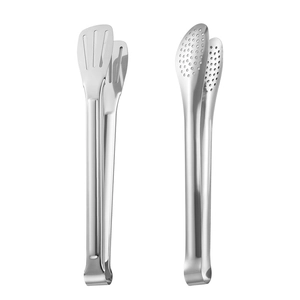 Professional stainless steel food tongs with slotted and perforated heads for BBQ steak