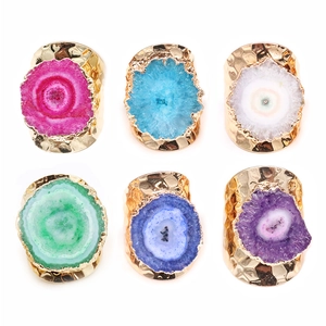 Natürlicher Achat Kristall Sonnenblume Verstellbarer Offener Ring Boho Gehämmert Vergoldetes Kupfer Rohstein Ring Damen Schmuck