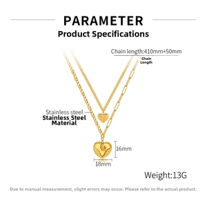 Detailed specs of double-layer stainless steel heart pendant necklace in gold finish