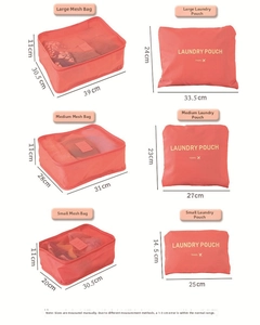 Detailed size guide for 6-piece oxford cloth travel organizer set showing bag dimensions