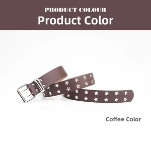 Close-up of coffee leather belt with double row star rivets and silver double pin buckle