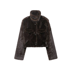 Women Faux Fur Jacket Stand Collar Winter Coat With Pockets Solid Brown Warm Short Outerwear Elegant Soft Luxurious