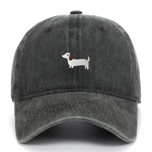 Washed dark gray baseball cap with embroidered dachshund and classic six-panel structure