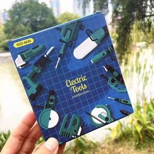 Kids electric tools toy set packaging box with chainsaw and drill illustrations