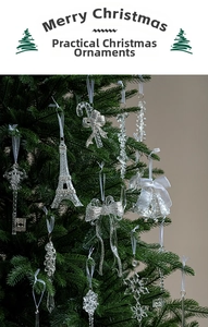 Clear acrylic Christmas tree ornaments including Eiffel Tower and snowflake shapes