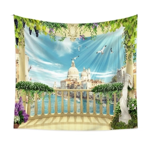 Detailtextur des Wandteppichs mit mediterraner Landschaft, Balkonblumen und Flussblick