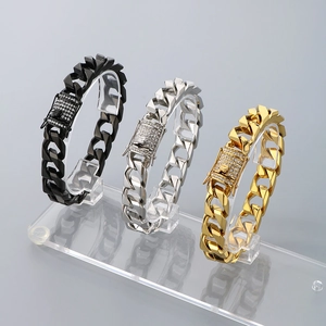 Men's stainless steel Cuban link bracelets in black, gold, and silver with rhinestones