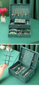 Detail view of multi-layer emerald velvet jewelry box with hooks and ring slots