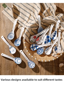 Detailed overhead view of multiple Japanese ceramic spoons with hand-painted patterns