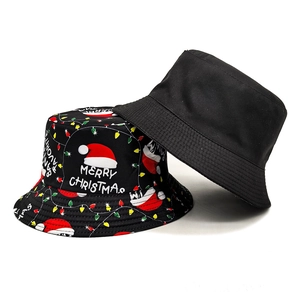 Black Christmas bucket hat with Merry Christmas text and festive neon light patterns