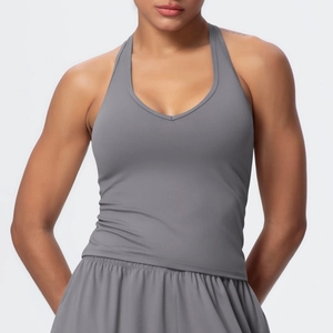 Detail of grey V-neck yoga vest showing brushed texture and elastic slim fit design