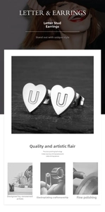 Macro detail of heart-shaped stainless steel stud earring with engraved letter U