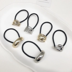 Minimalist elastic hair ties with gold and silver geometric metal accents in 6 styles