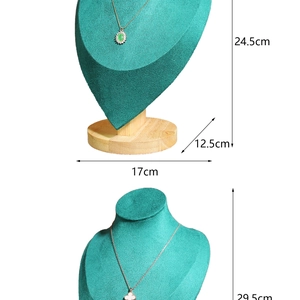 Dark green velvet necklace display stands with solid wood bases in two height sizes