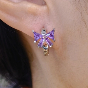S925 Sterling Silver Purple Rhinestone Bowknot Clover Hoop Earrings For Women Minimalist Floral Design High Sense Jewelry