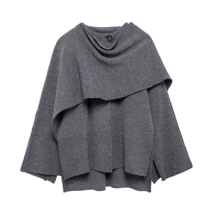 Dark grey knit poncho coat with asymmetrical hem and single button neck closure