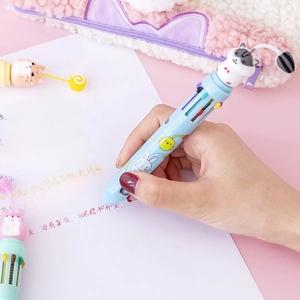 Creative 10-color ballpoint pen with 3D cat topper and cute cartoon animal illustrations