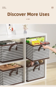 Detail of houndstooth storage bin with brown handles used for organizing home shelf