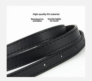 Close-up of black PU leather thin belt showing fine texture and neat stitching details