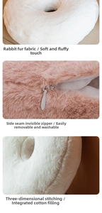 Detail of plush heart pillow with rabbit fur texture and hidden zipper for washing