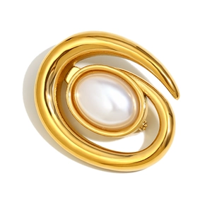 Elegant 18K gold plated conch shell brooch with white pearl in a fluid spiral design
